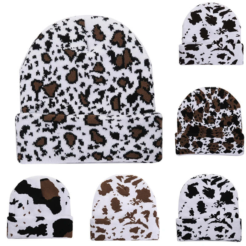 

Fashion Knitted Women's Hat Winter Men Skull Beanies Warm Casual Slouchy Hat Female Leopard Cow Print Crochet Beanie Hat