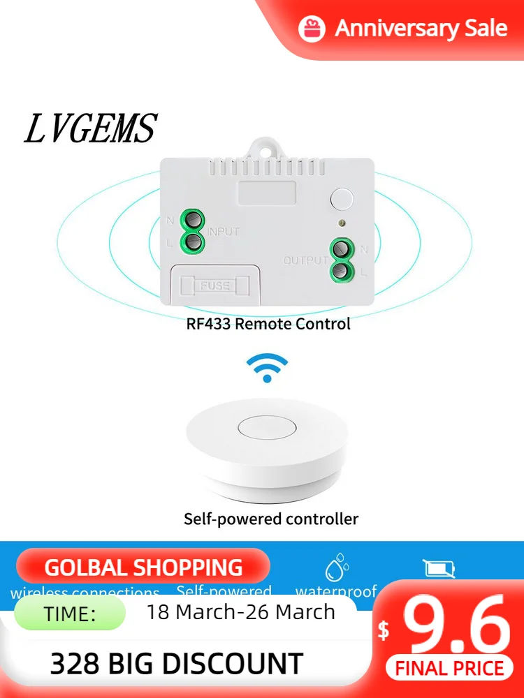 

Wireless Switch 1Gang Self-Powered Waterproof Push Button Interruptor Light Switch 150m Range Home Improvement 90-240V