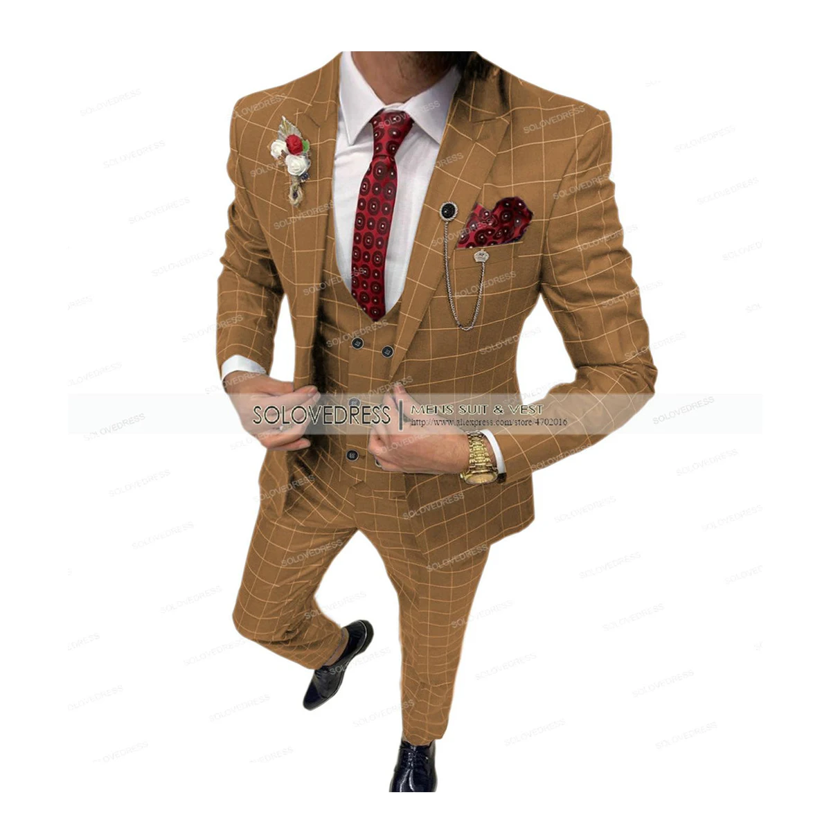 Brown Casual Men's Western Suit Fit Type 3 Pieces Double Breasted Breathable TR Plaid Thin Prom Dress Jacket Party Travel 5XL