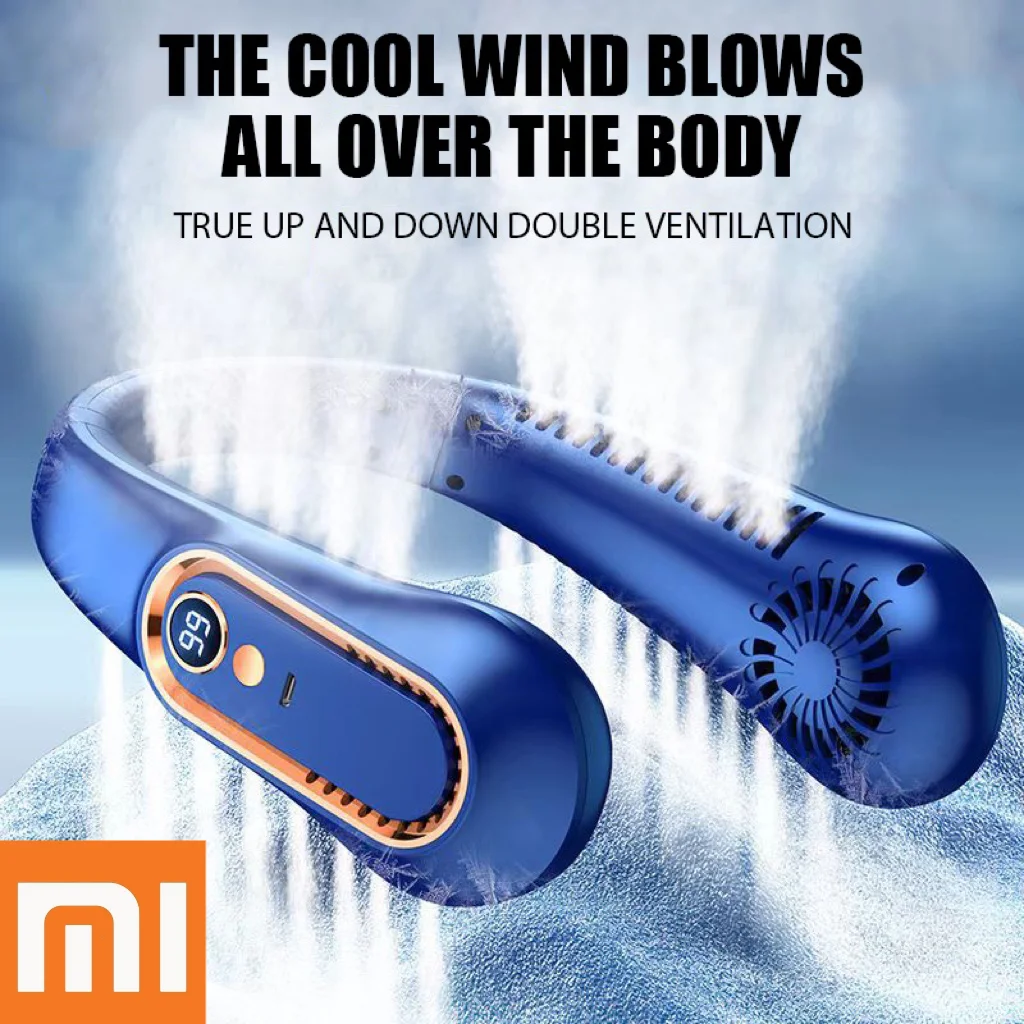 Фото Xiaomi шейный вентилятор с цифровым дисплеем, мощность вентилятора, безлопастной шейный вентилятор, портативный мини-воздухоохладитель, зарядка через USB, электрические вентиляторы №1