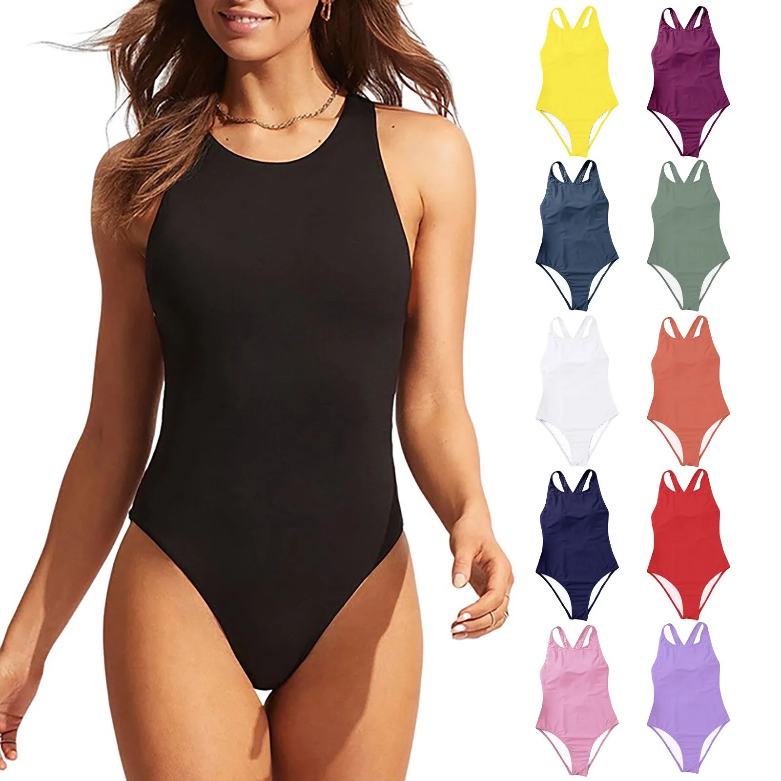 

Solid Color Sleeveless Swimsuit Simple Slimming Back Covering The Belly And Looking Black Bikini Set Transparent Sexy Man Bikini