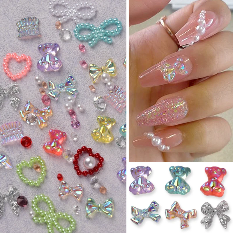 

50g Mixed Nail Charms Aurora Nail Gems Pearl Bow Heart Charm Cute Bear Nail Art Jewelry Resin Nail Rhinestones Accessories