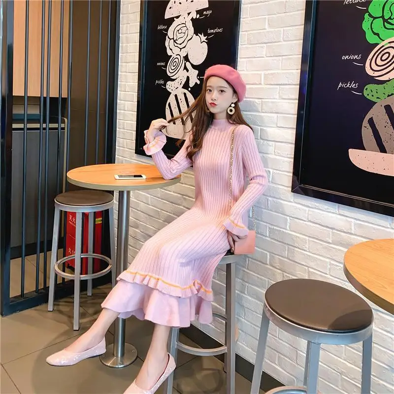 

Knitting Warm Women Dress for Autumn Winter New Design Korean Fashion Style Casual A-line Office Lady Dresses Women Dress E03