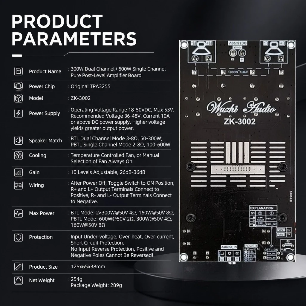 VONTOOL ZK-3002 TPA3255 Плата усилителя мощности 300W×2 600W Mono Bridge Class D с вентилятором охлаждения для домашнего и автомобильного сабвуфера (art.: 3920db07d3038) - 3920db07d3038