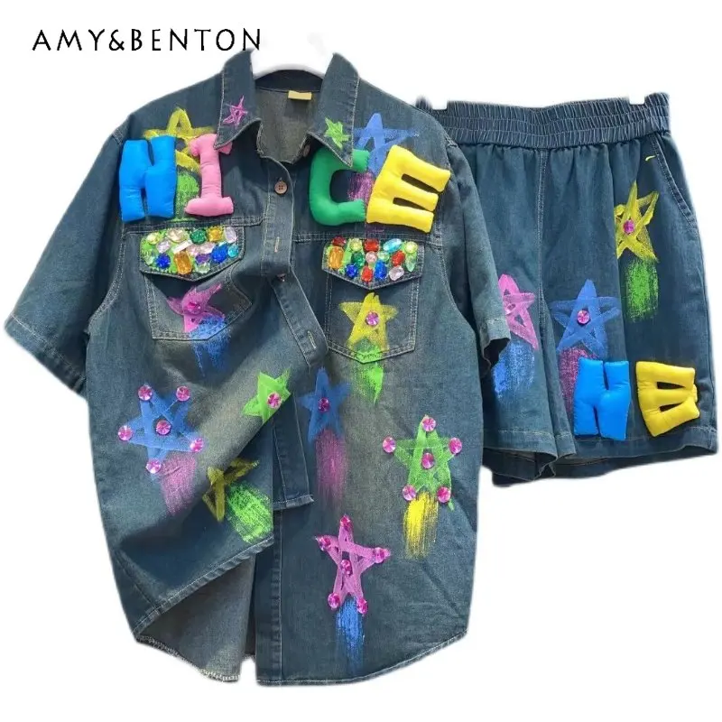 Thai Fashion Brand 2023 Spring Summer New Graffiti Beaded Letters Hand-Painted Denim Top Busas And Shorts Women's Two-Piece Sets