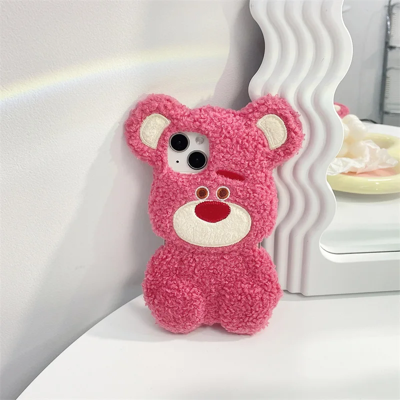 

Cartoon Strawberry Plush Embroidery Bear Phone Case Cover for IPhone 11 12 13 14 Pro XR Max Shockproof Case for IPhone 14 Cases