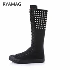 Ryamag 2022 новые женские парусиновые сапоги длинные сапоги с заклепками обувь на плоской подошве в стиле панк с высоким верхом на шнуровке на молнии удобная женская обувь
