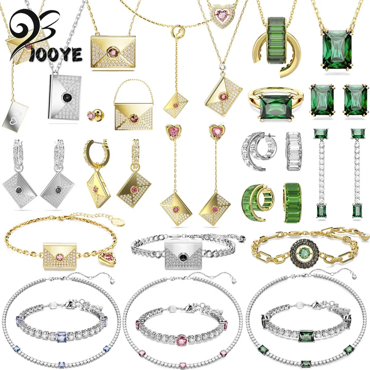 

2023 Original New Letra Fine Jewelry Sets Charm Matrix Green Pink Geometric Crystal Fashion Necklace Earrings Bracelet For Women