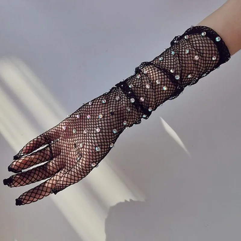 

Sexy Elastic Mesh Gloves With Colored Flash Diamonds Bungee Stage Performance Hollow Fishing Net Punk Hiphop Women's Gloves