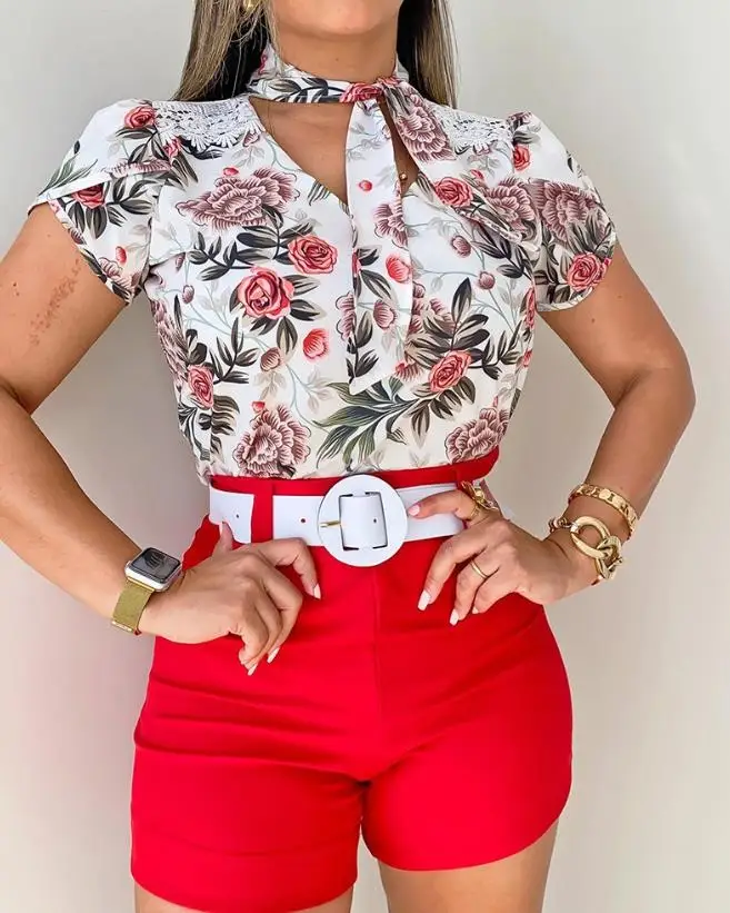 

Женская элегантная одежда, летний модный повседневный комплект в европейском и американском стиле, офисный Женский комплект с цветочным принтом, топ с завязкой на шее и шорты