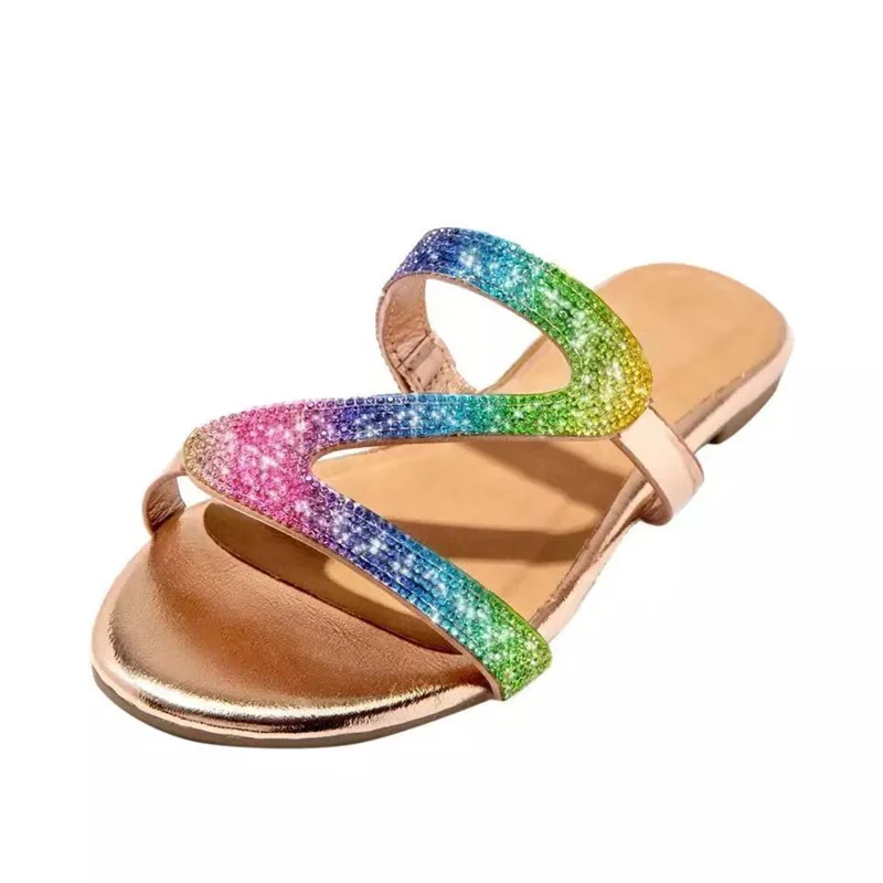 2023 Summer New Women's Shoes Fashion Flat Rhinestone Sandals Open Toe Slippers Outdoor Leisure Beach Slippers Plus Size 43