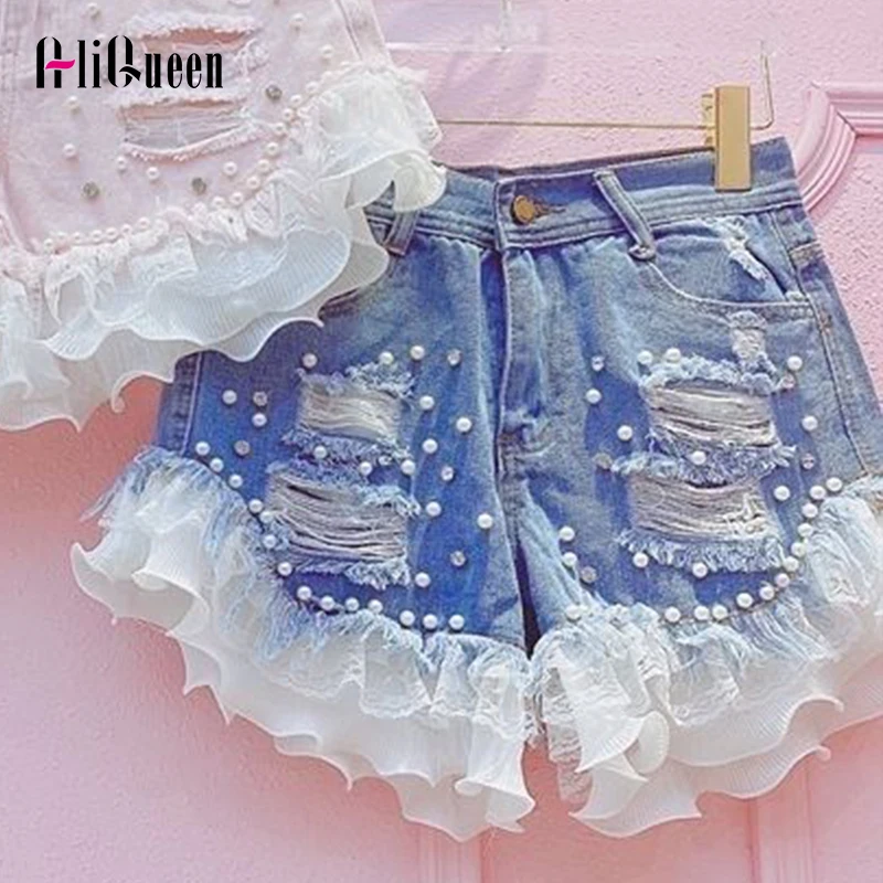 

Basic Summer Denim Shorts Women PINGK LACE Korean Casual Mid Waist Cuffed Tassels Ripped Holes Pink Jeans Shorts Hot Pants S-5XL