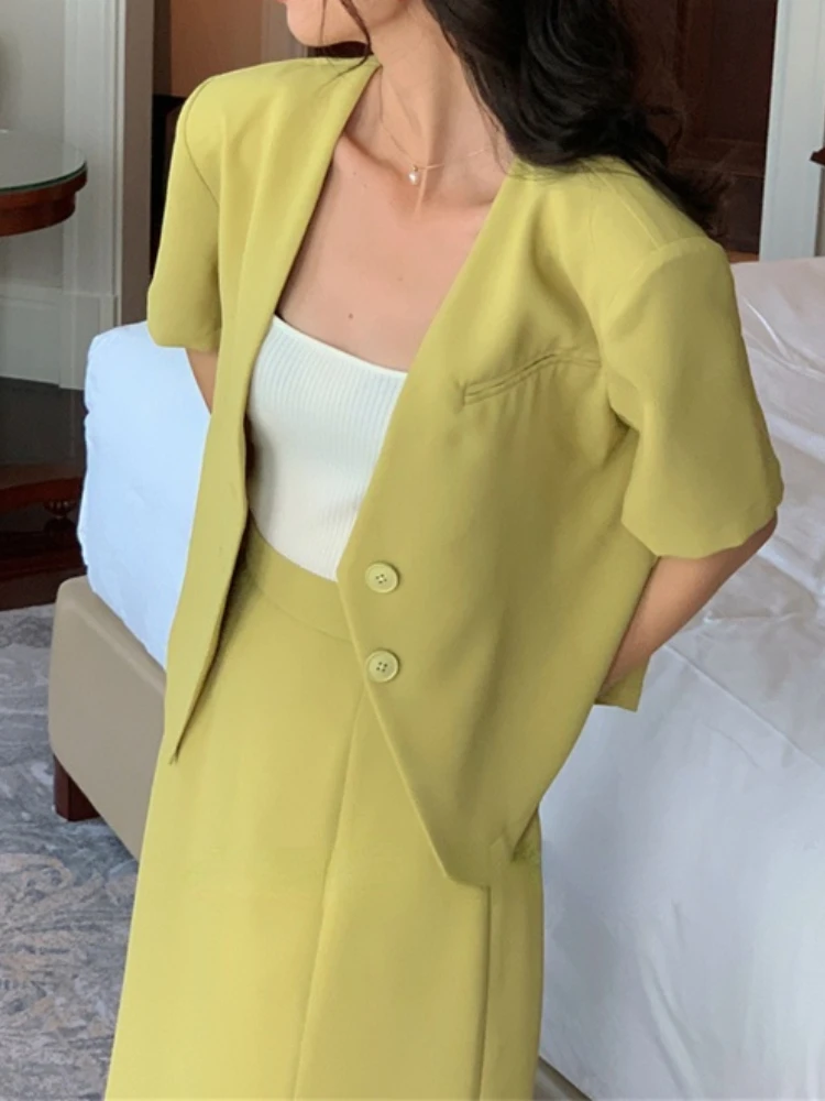 

Summer Business Women's Skirt Sets Short Sleeve Blazer Jacket High Waist Split Skirt 2 Piece Set Female Fashion Casual Clothes