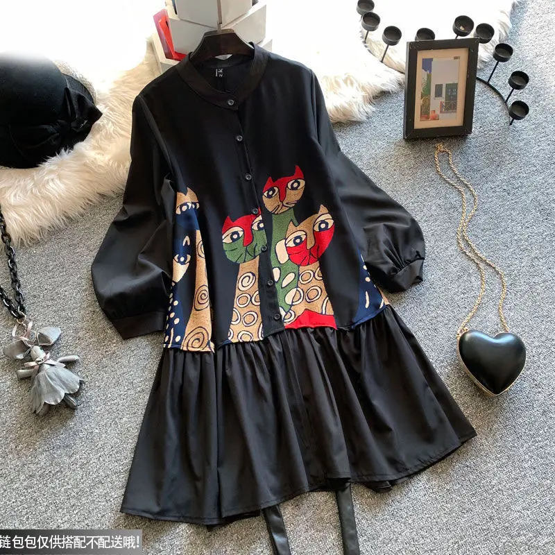 

Loose Dress Women 2022 Spring Summer New Plus Size 3XL Black Retro French Ruffled Doll Lady Clothing Fashion