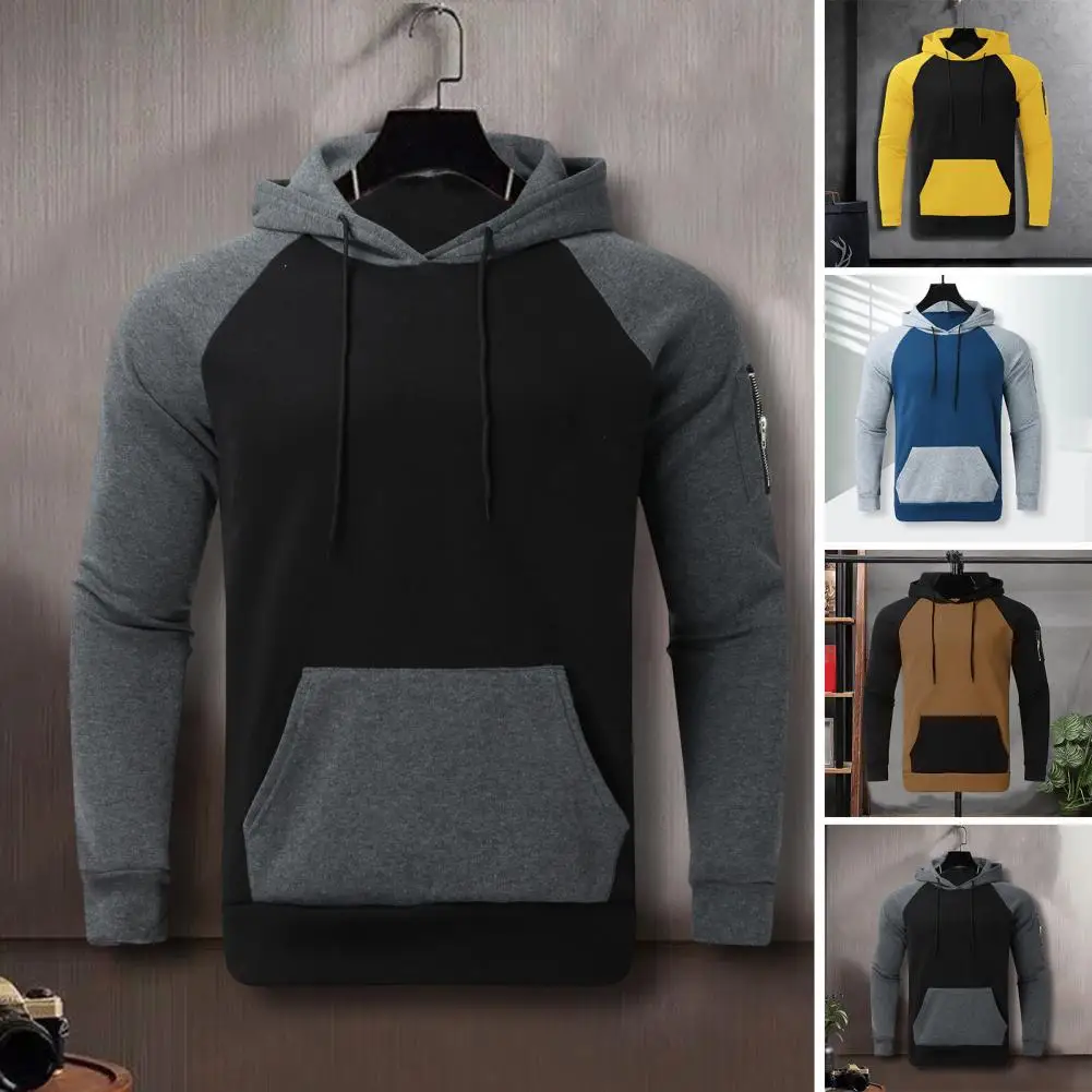 

Pullover Hoodie Men's Plush Colorblock Hoodie Warm Winter Sweatshirt with Zipper Decor Big Patch Pocket for Casual Sports Patch