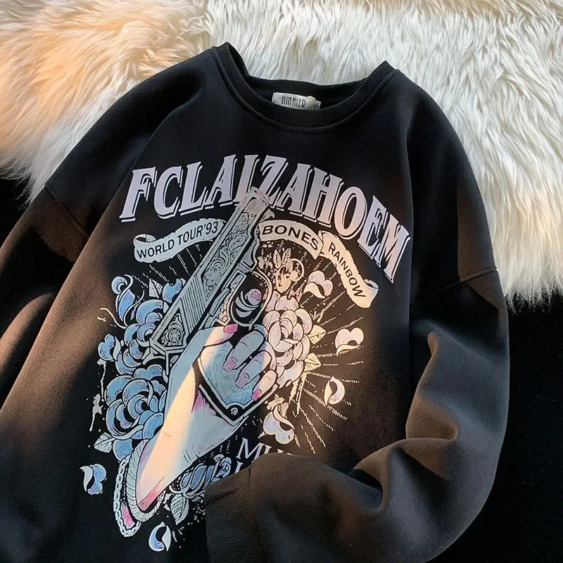 

Japanese Gun Flower Girl O Neck Sweatshirt Women Cartoon Anime Hoodie Pullovers Harajuku Korean Thin Autumn White Black Fashion