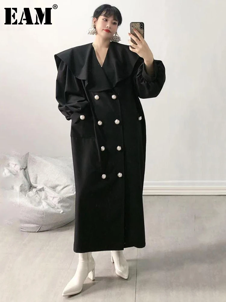 

[EAM] Women Black Double Breasted Big Size Maxi Trench New Lapel Long Sleeve Windbreaker Fashion Tide Spring Autumn 2022 1DE3562