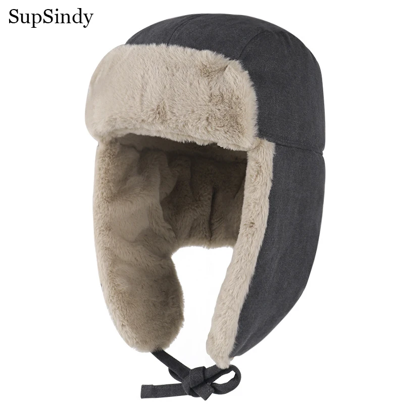 SupSindy Men Winter Bomber Hat Black Pilot Ushanka Warm Faux Rabbit Fur Windproof Thermal Earflap Hats For Women Outdoor Ski Cap