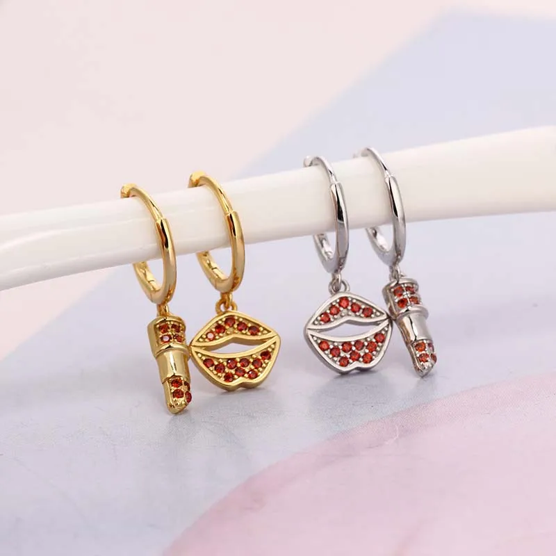 

Design style Rock Punk Red Zircon CZ Piercing Drop Earring for women Kiss Lipstick Circle Special Ohrringe Jewelry Pendientes