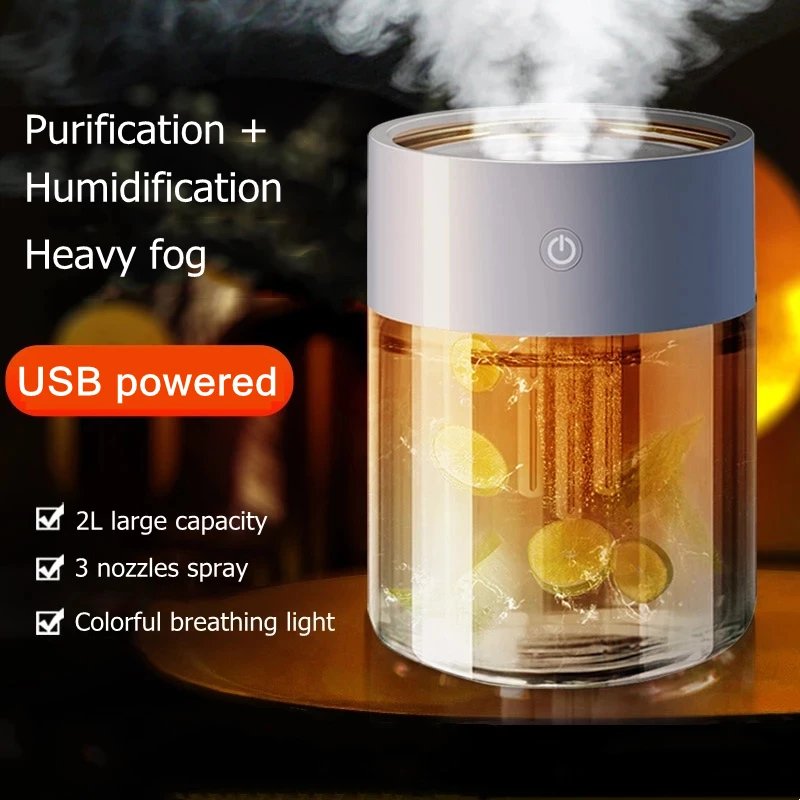 2000ML Air Humidifier USB Ultrasonic Aromatherapy Essential Oil Diffuser With LED Lamp Triple Nozzle Heavy Fog Aroma Humidifiers