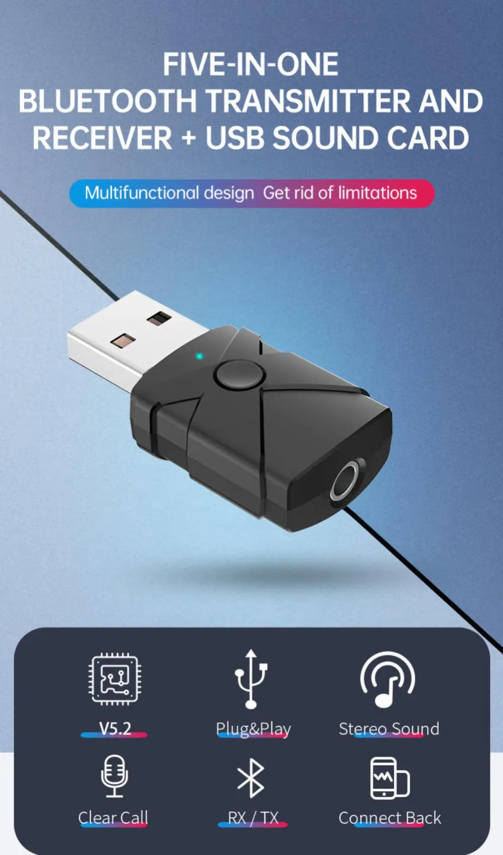 

For Speaker Headset Car Wireless Audio Receiv Transmitterer Dual Function Usb Dongle Multi-function Call Support 5 In 1 Portable