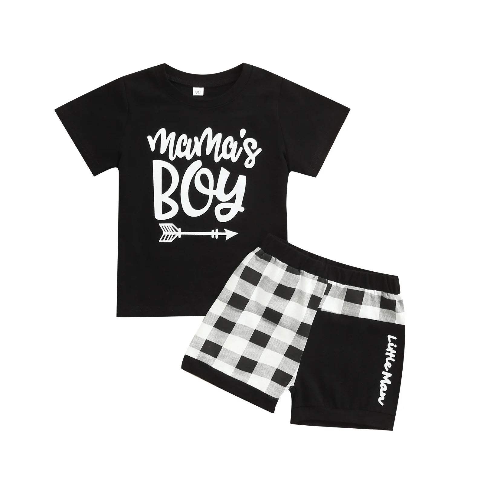 

Toddler Baby Boys Short Pants Outfits Short Sleeve Arrow Letter Printed Black Tops Elastic Waist Plaid Pattern Shorts Casual Set