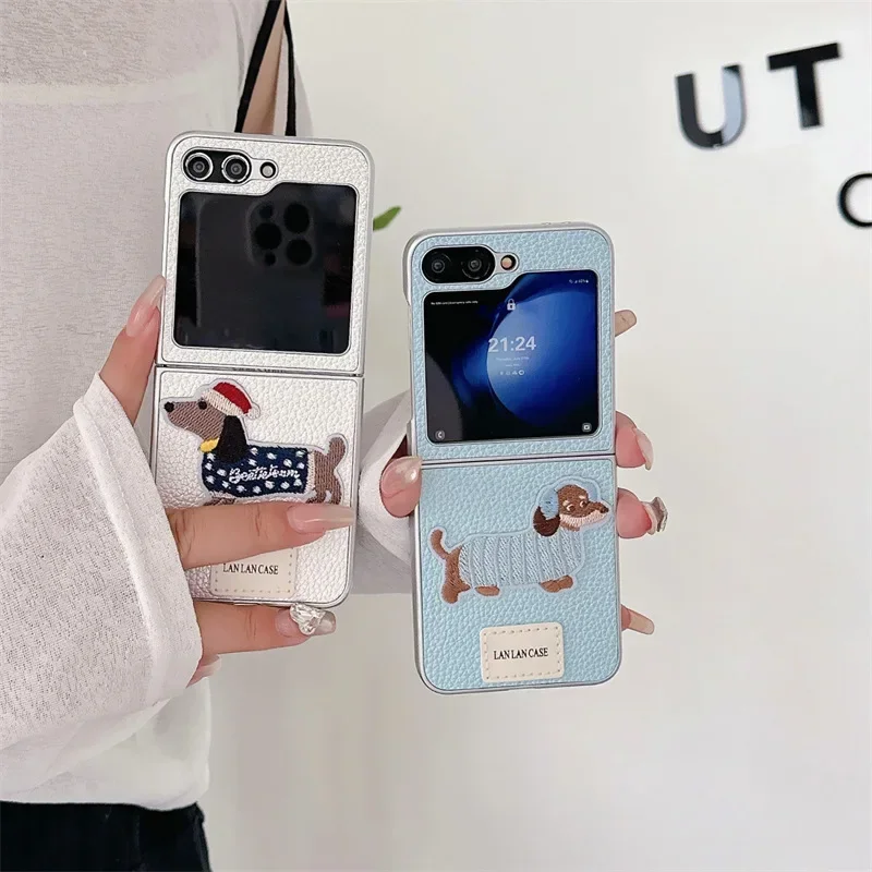 Śliczne haftowane etui na telefon dla psa Samsung Galaxy Z Flip 6 5 4 3 Ochronna tylna obudowa ZFlip4 ZFlip5 ZFlip6 Case Shell