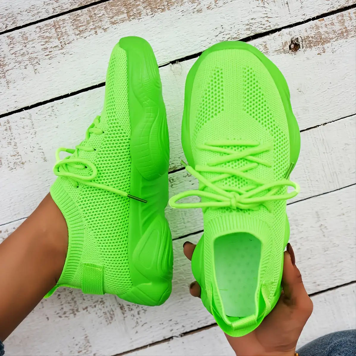 

Женские повседневные кроссовки, неоново-зеленые дышащие кроссовки на шнуровке