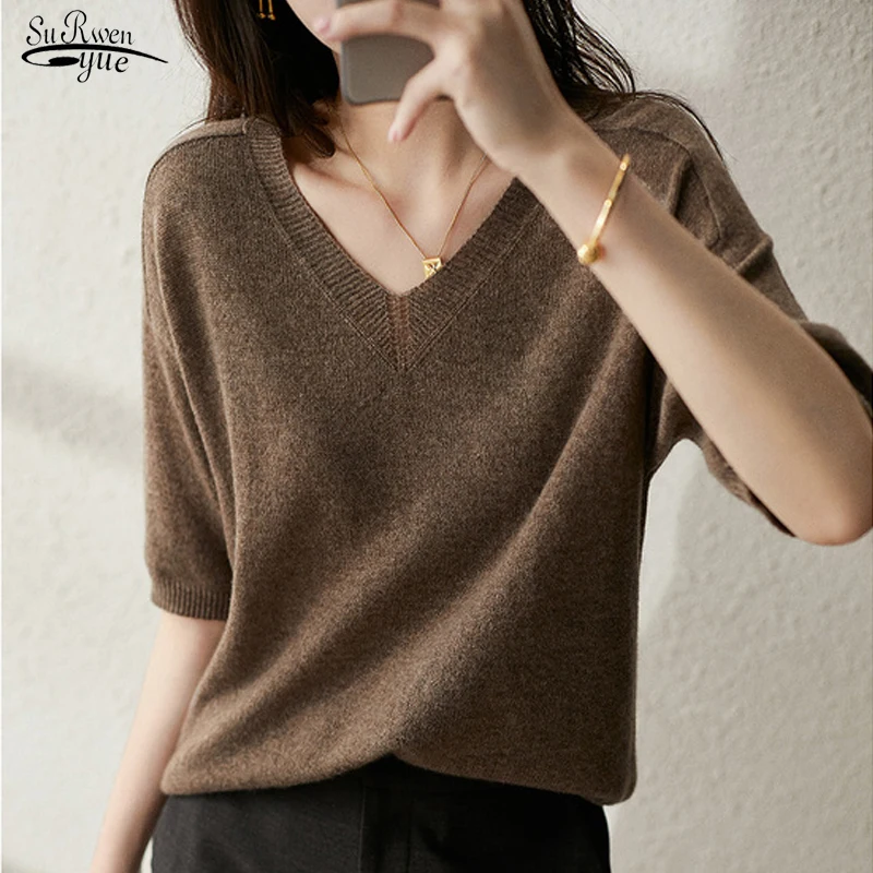 

Solid Color Plus Size Loose Soft Female Tee Shirts 2022 Summer New Women T Shirt Korean V-Neck Half Sleeve Knitted Sweater 18839
