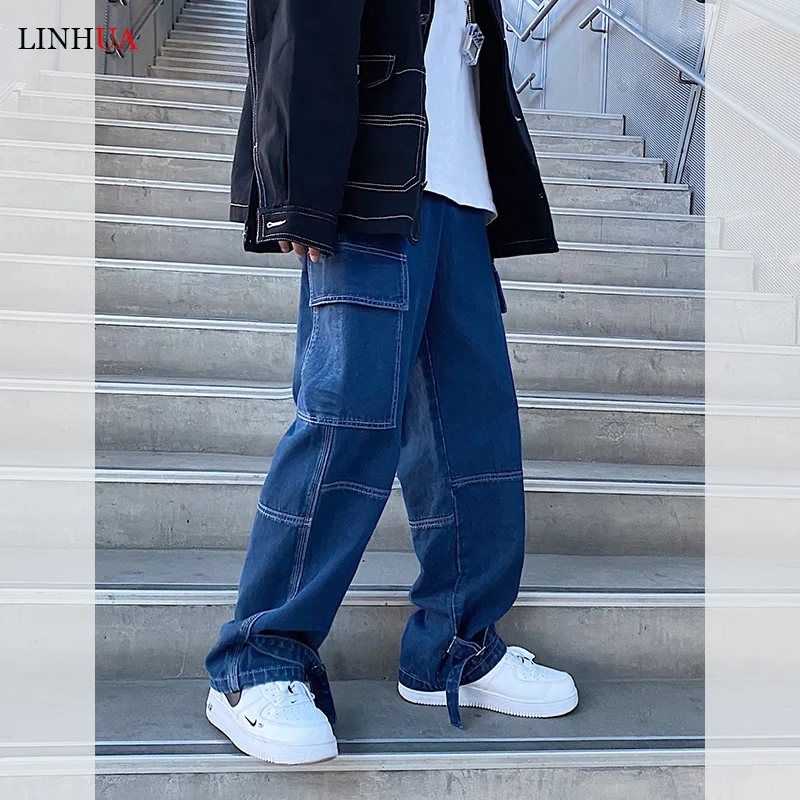 LINHUA Men Wide Leg Jeans Mens Spring cargo pants Hip Hop Streetwear New Loose Straight Baggy Denim Pants Male work jeans