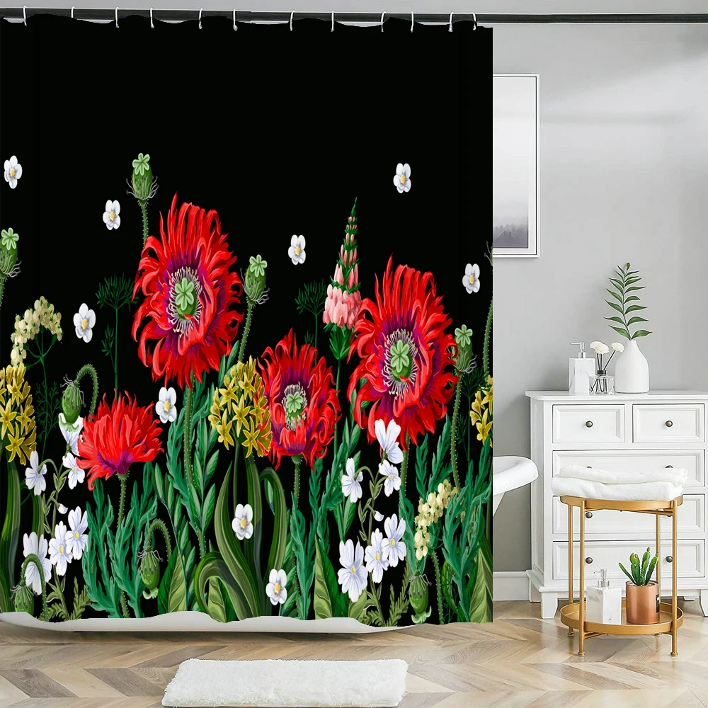 

Черная занавеска для душа, 3D цветы, растительная ткань, водонепроницаемая фотозанавеска для ванной комнаты, аксессуары для ванной