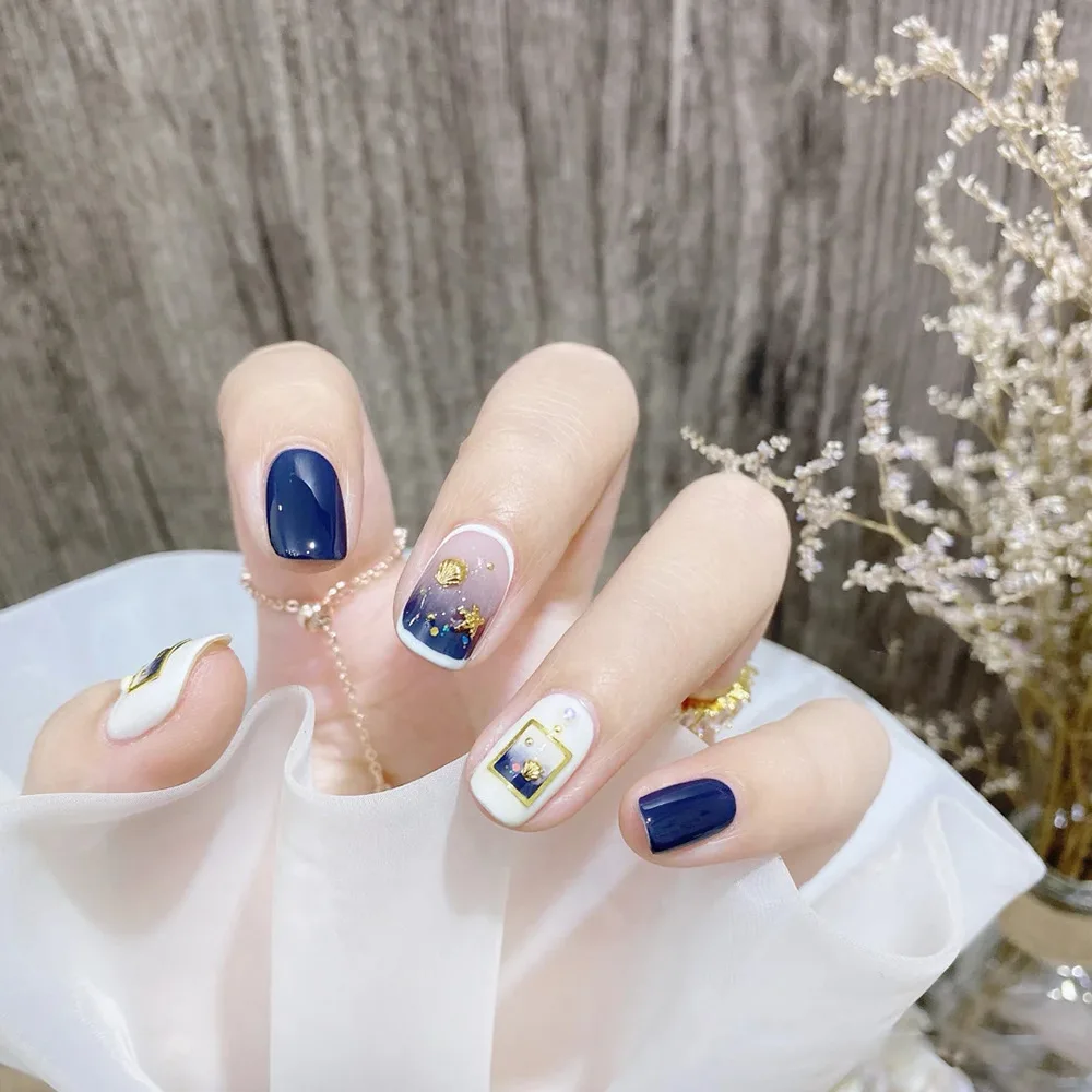 

24 шт. градиентные синие накладные ногти для девушек во французском стиле со звездой полный готовый короткий пресс для ногтей накладные ногт...
