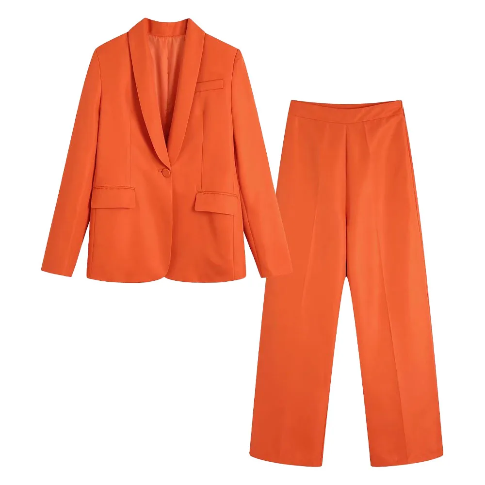 

Women's Chic 2022 Fashion New Pocket Decorative Solid Color Suit Jacket Casual Female Blazer + Draped Flared Pants Suit Mujer