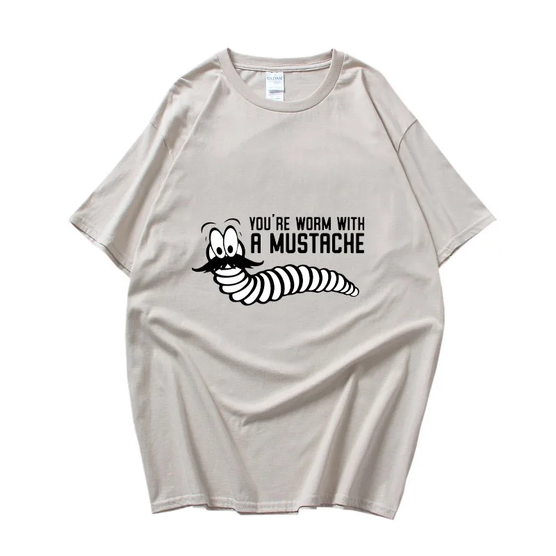 

You Are A Worm with A Mustache Kawaii Women Casual Loose T-shirt Cute Cartoon Print Top Harajuku Streetwear 100% Cotton Clothing