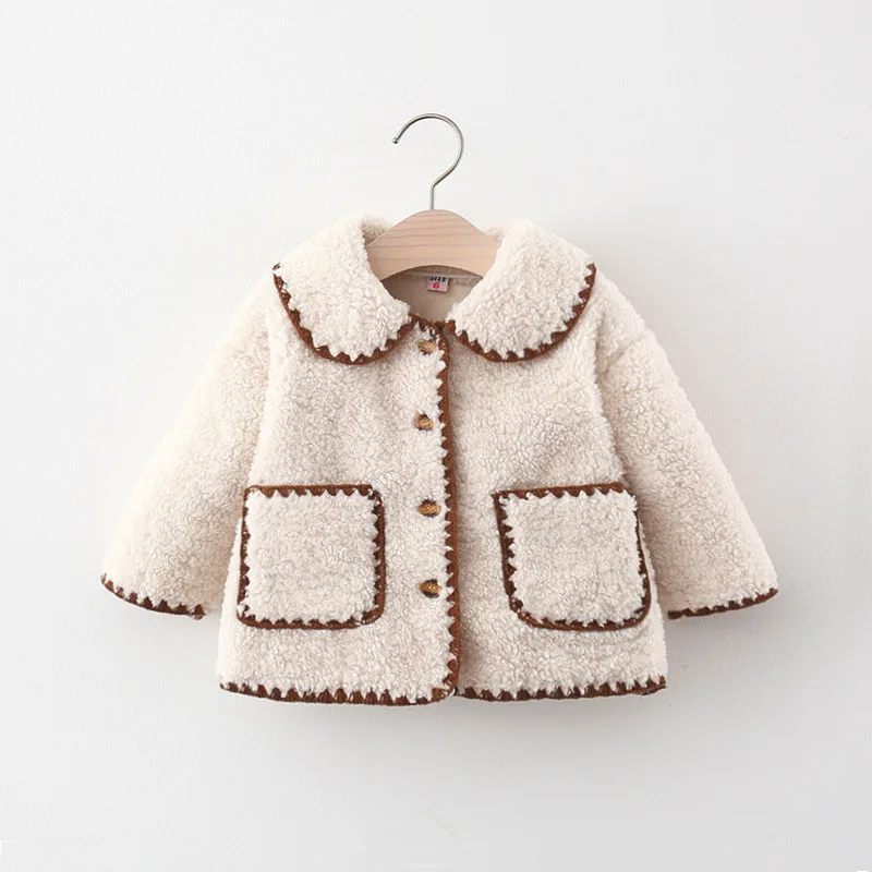 

Winter girls' new long-sleeved lamb velvet warm lapel cute coat baby wool sweater cardigan thickened warm pocket jacket