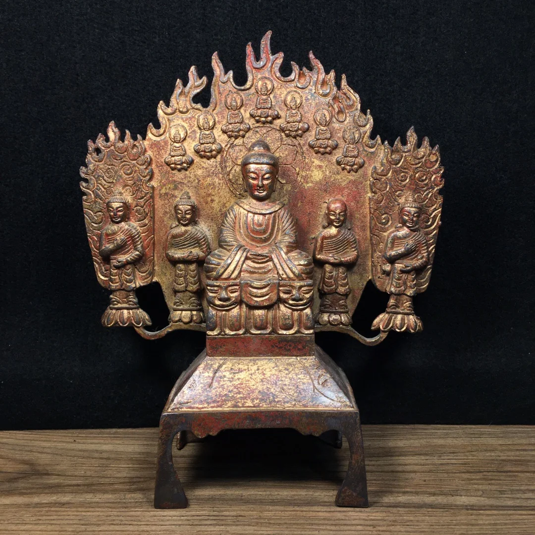 

10"Tibetan Temple Collection Old Bronze Lacquer Cinnabar Northern Wei Buddha Sakyamuni Lotus Terrace Worship Hall Town House