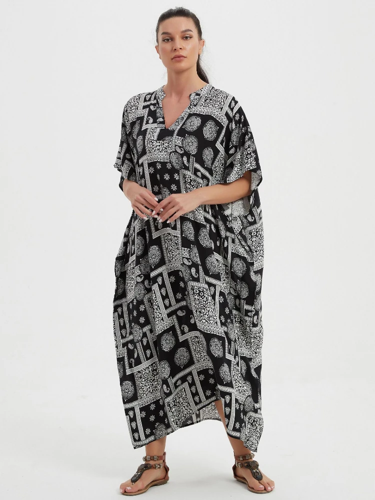 

Swim Cover Up Summer Maxi Beach Dresses Geometric Printed Kaftans for Women Black White Africa Tunic Rayon Pareo Beachwear