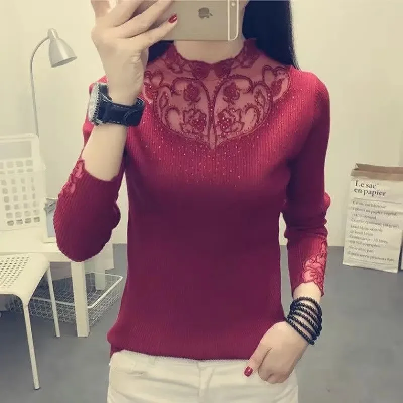 

Sweater Women's Fashion New Fashion Lace Collar Long Sleeve Top Black