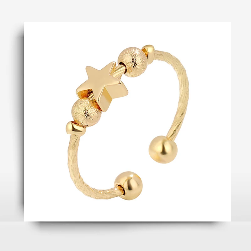 

Personality Rotate Frosted Bead Relieve Stress Five Star Rings for Women's Gold Fine Fashion Jewelry Adjustable Open Finger Ring