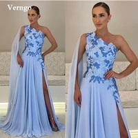 verngo elegant blue chiffon long cape evening dresses one shoulder applique side slit arabic women formal party prom gowns