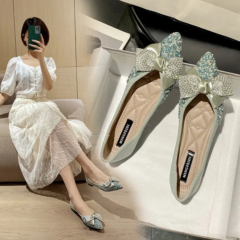Flat Heel Single Shoe Woman New Pointed Toe Shallow Rhinestone Bow Soft Sole Large Size Scoop Shoes Woman 41-43