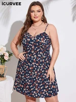 icurvee plus size summer dress women sexy straps sleeveless vintage floral printed bohemian party sundress 2022 casual vestidos