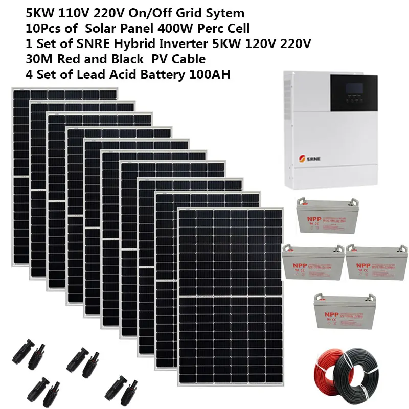 Solar Panel Kit Complete Ground Mount Battery  5000W 220v 110V PV Panel 400w Hybrid Inverter Growatt Off Grid System 4HP Heater