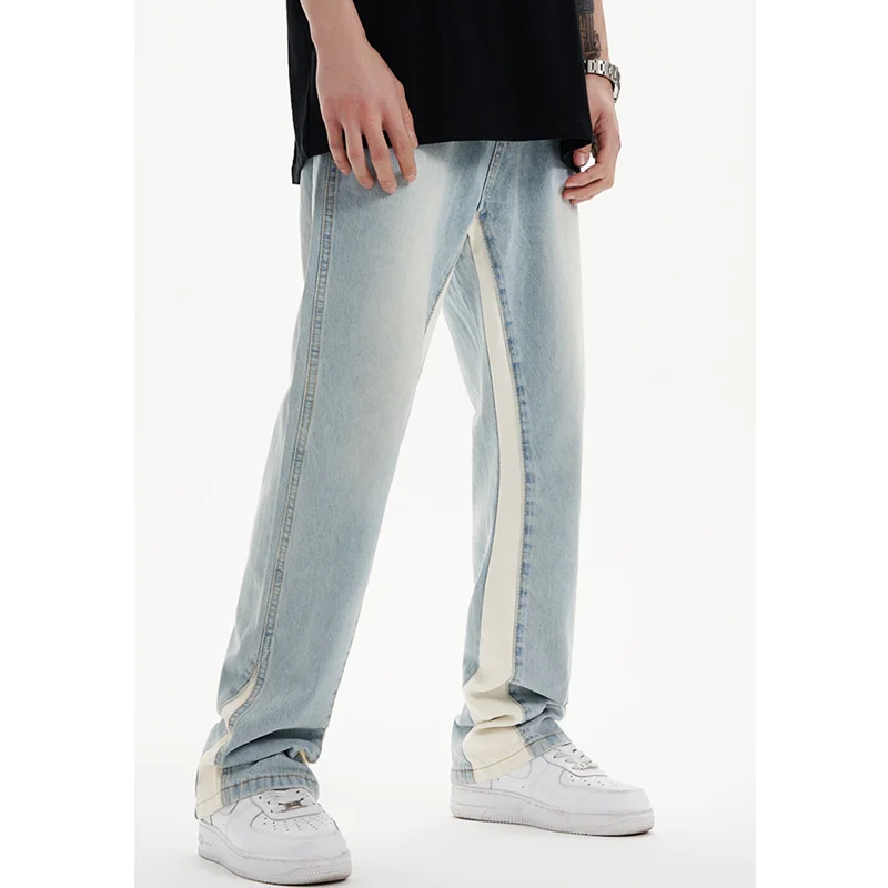 Streetwear Men 2022 Fashion New Pattern Vintage Splicing Recreational Blue Jeans Loose Straight Cylinder Trousers Autumn Female