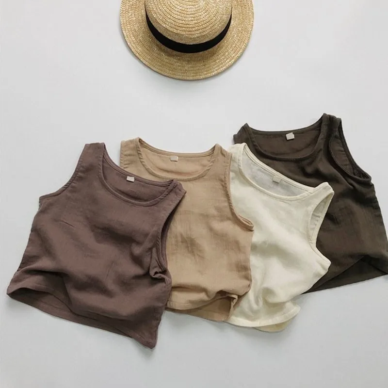 

Boy Casual Solid Sleeveless Vest Toddler T-shirt Baby Girl Simple Thin Breathable Cotton Linen Vest Children All-atch Clothes