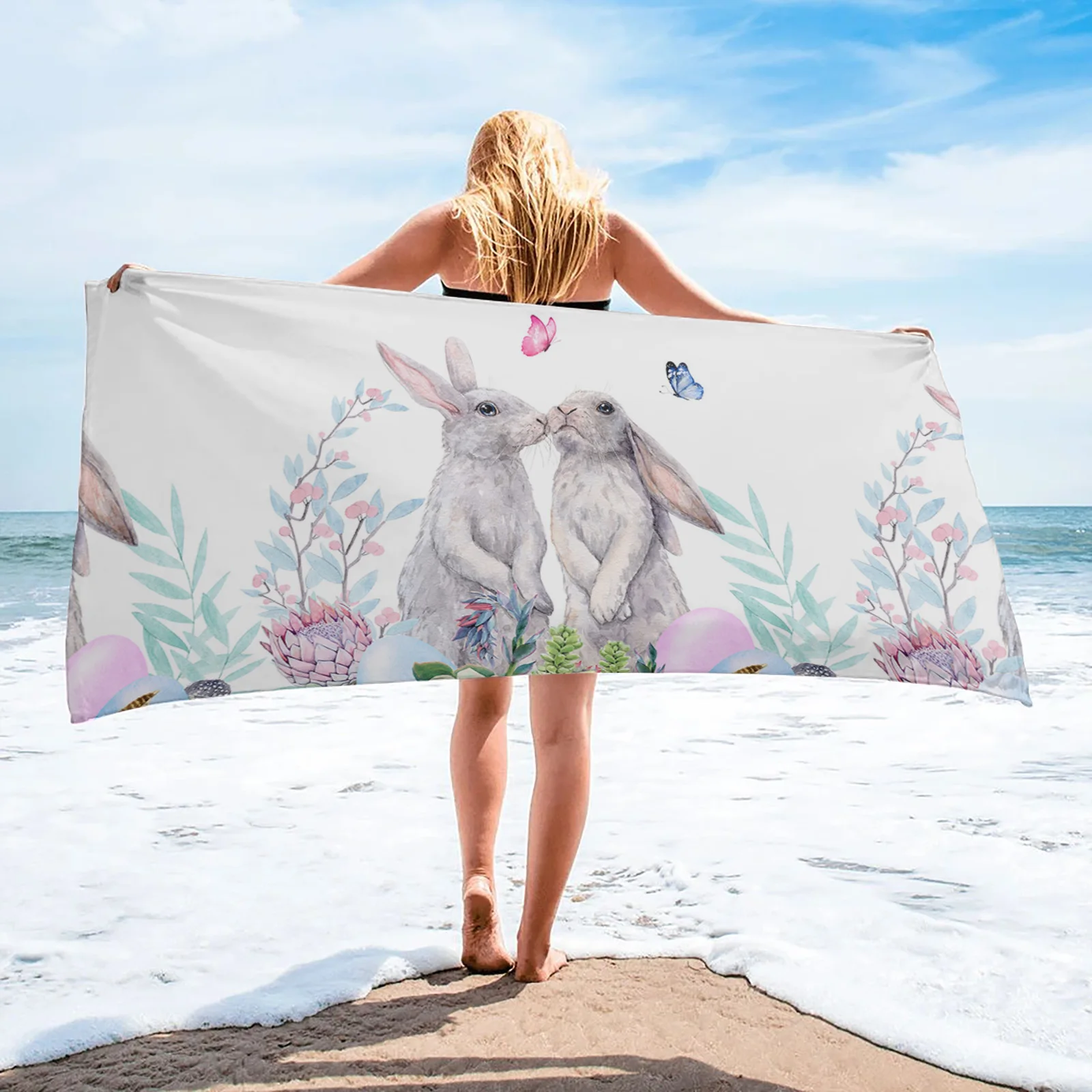 

Пасхальное банное полотенце с изображением кролика, цветов, бабочки, акварели, кролика, для женщин, круглые пляжные полотенца из микрофибры,...