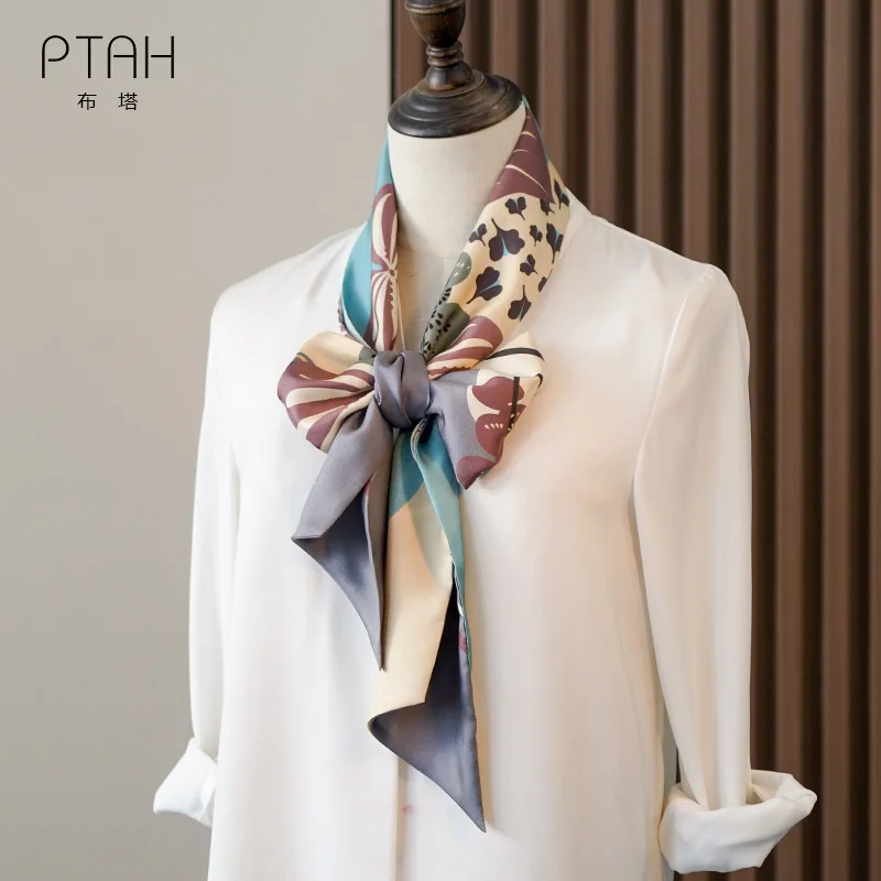 

[PTAH] 14M/M Scarf 100% Mulberry Silk Scarf Ladies Temperament Scarves Printed Small Length Scarves Ladies High Quality 150*14cm
