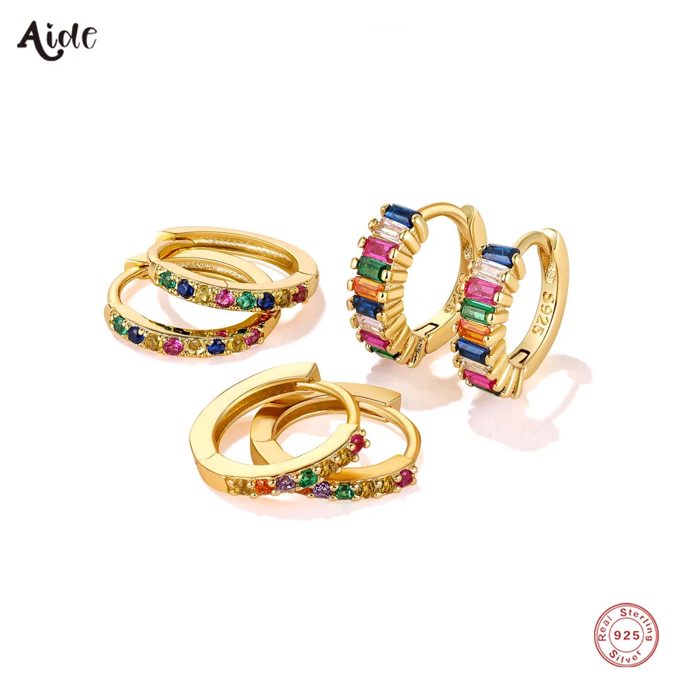 

Aide 925 Sterling Silver Colorful CZ Zircon Pave Hoop Earrings For Women Rainbow Crystal Collection Piercing Huggies Pendientes