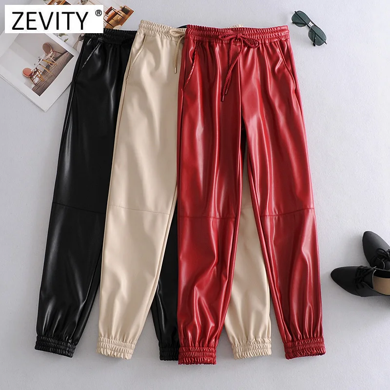 

ZEVITY Women Fashion Side Pockets Faux Leather Jogging Pants Lady High Elastic Waist Drawstring Female Ankle Trousers Mujer P6