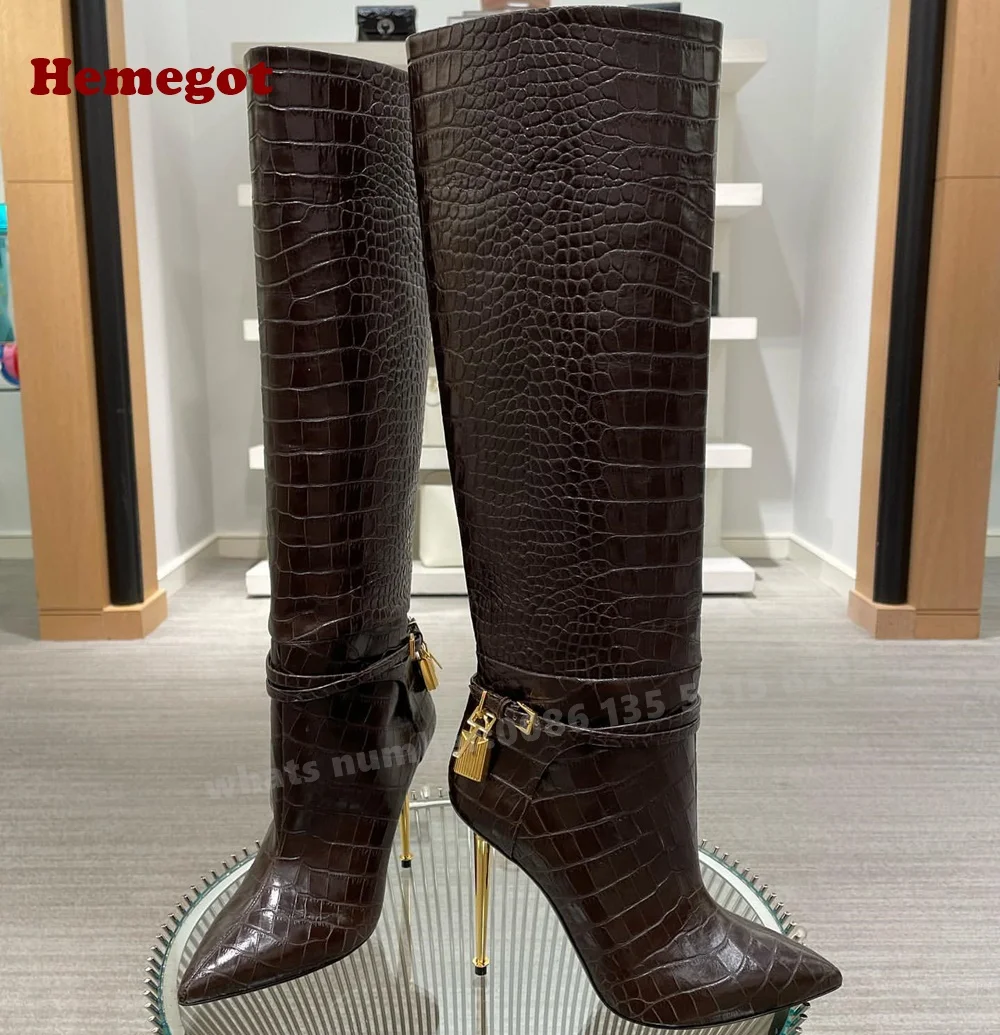 Croc-Pattern Metal Heels Knee High Boots Padlock Pointy Toe Buckle Women's Long Luxury Winter Designer Shoes Plus Size